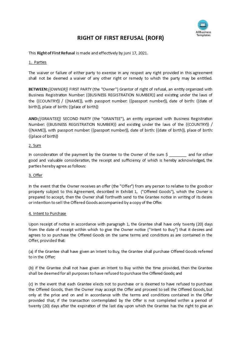 right of first refusal agreement template