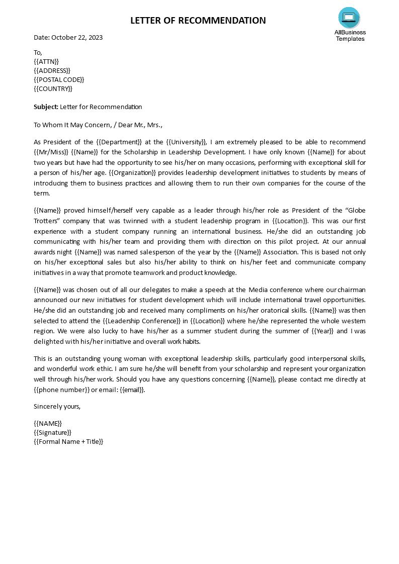 academic scholarship reference letter modèles