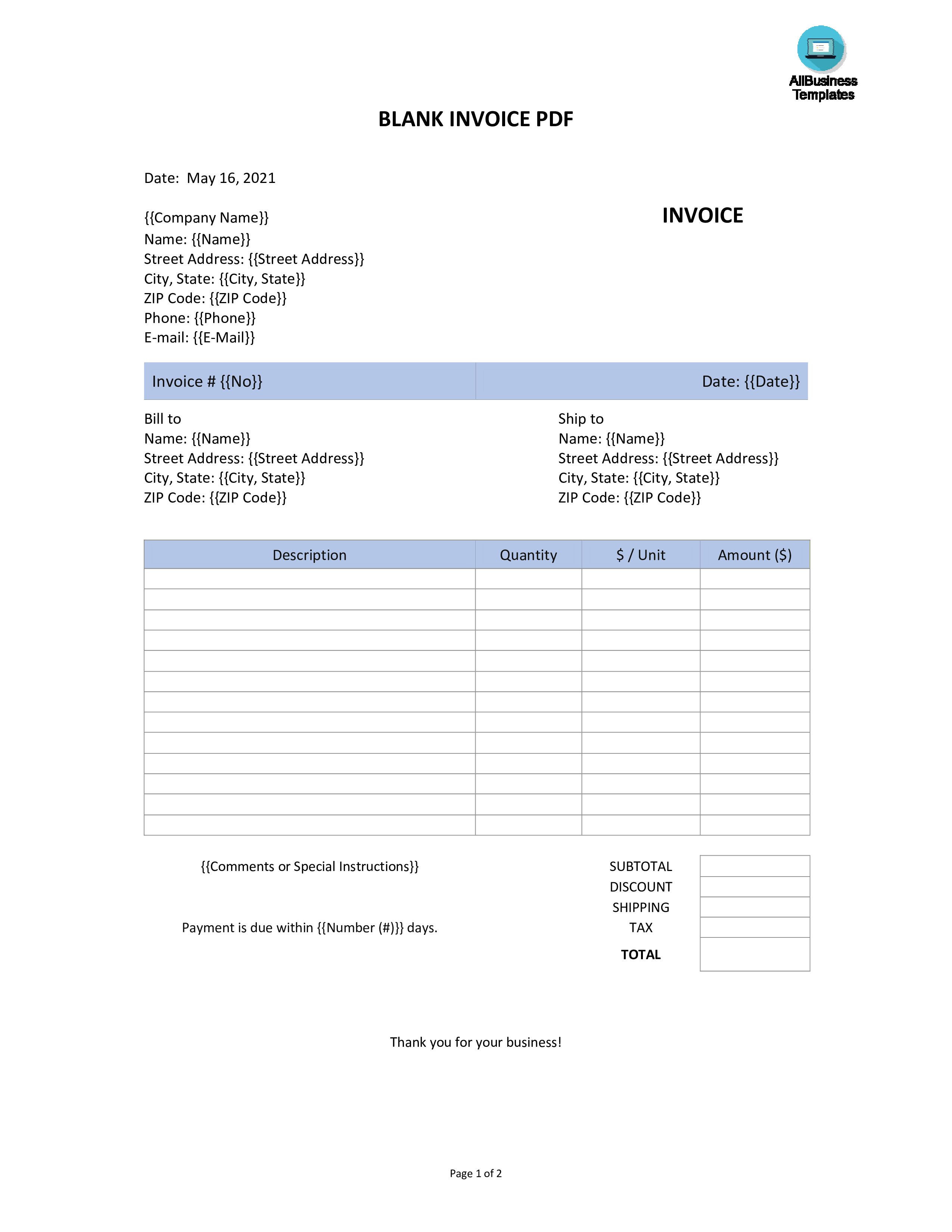 Blank Invoice PDF Templates At Allbusinesstemplates
