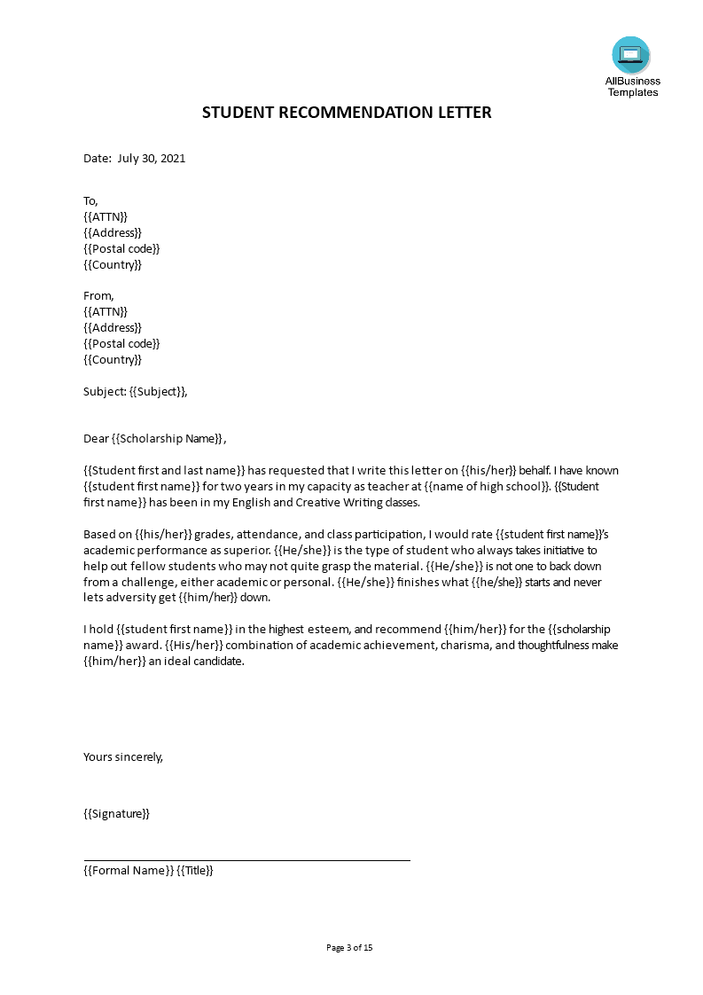 reference letter for student Hauptschablonenbild