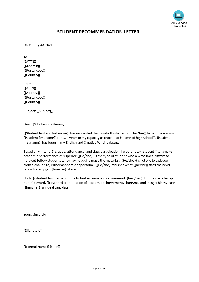 reference letter for student modèles