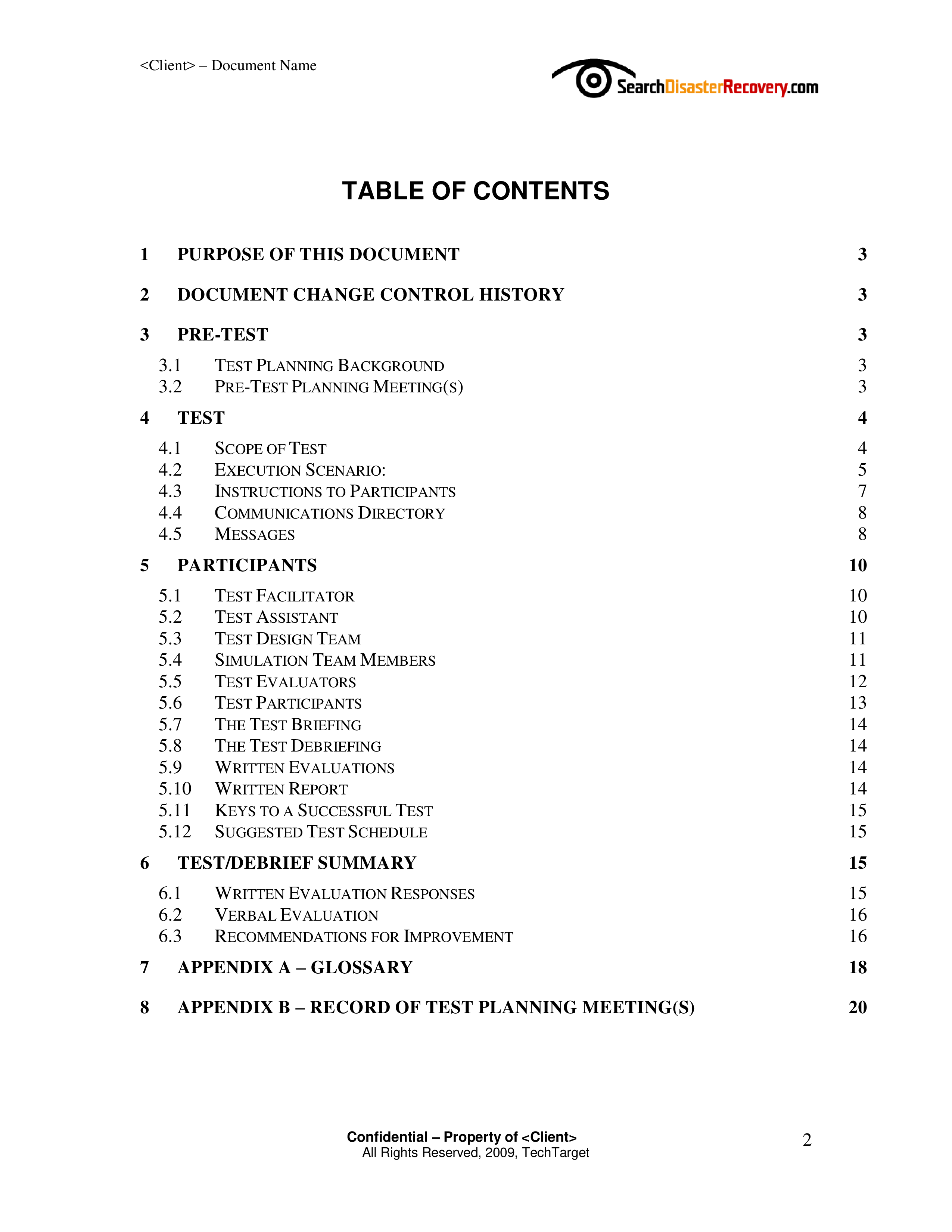 business continuity plan test template