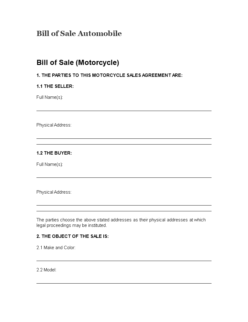 Bill Of Sale Automobile 模板