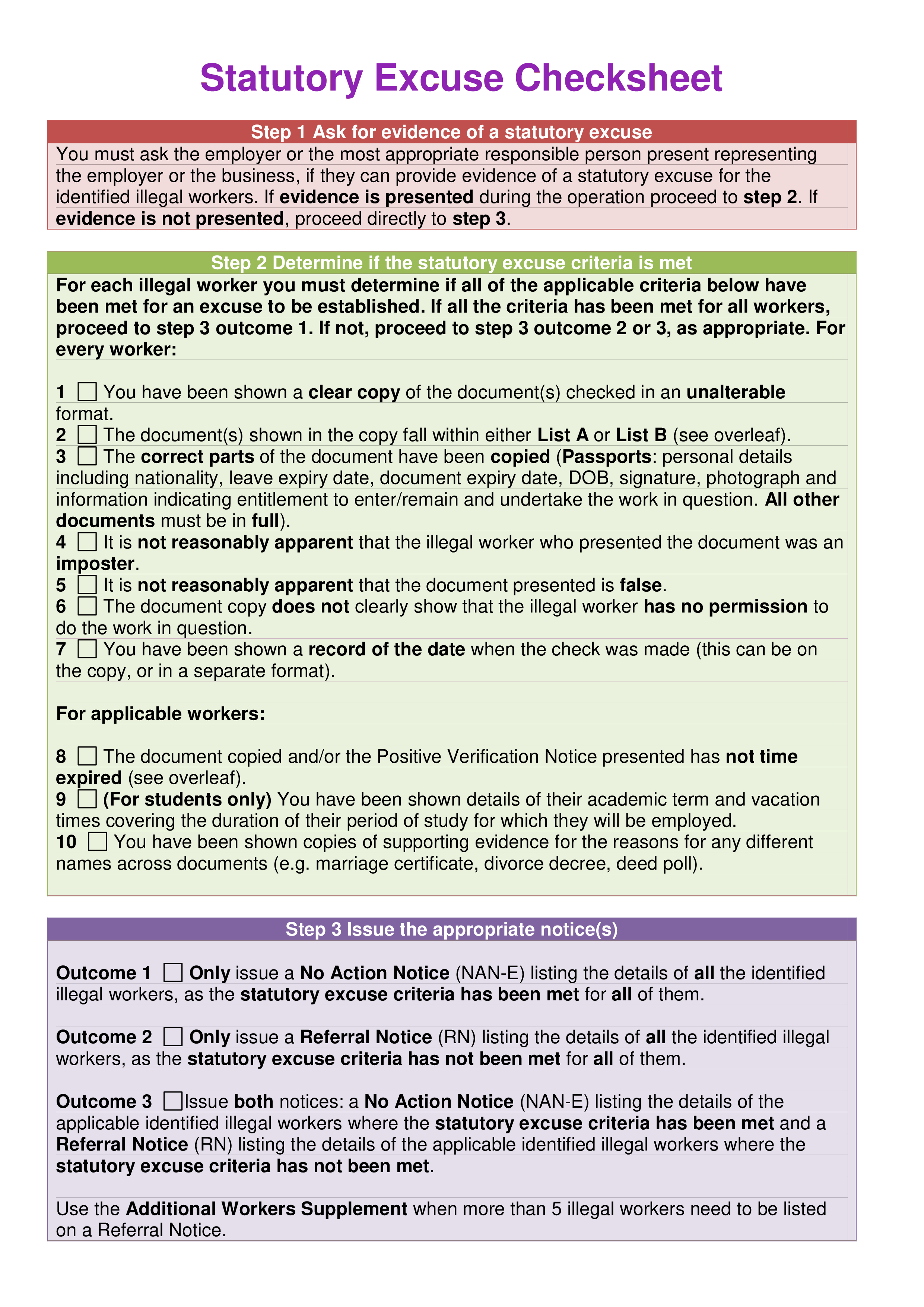 Statutory Excuse Checksheet 模板