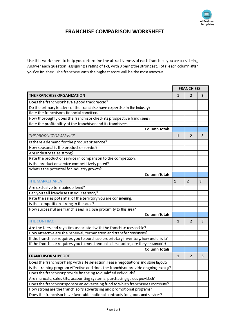 Franchise Comparison Worksheet main image