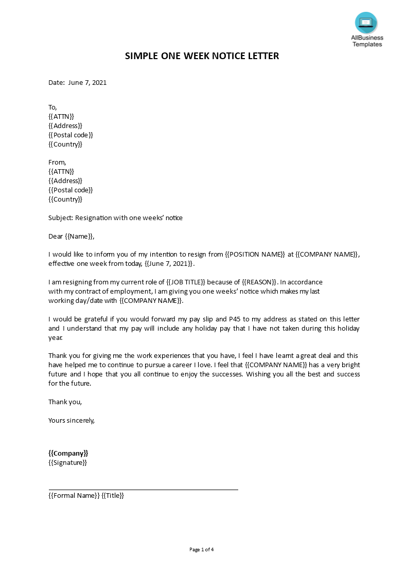 1 week notice letter voorbeeld afbeelding 