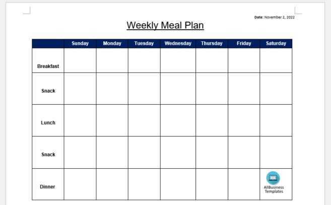 meal planning calendar voorbeeld afbeelding 