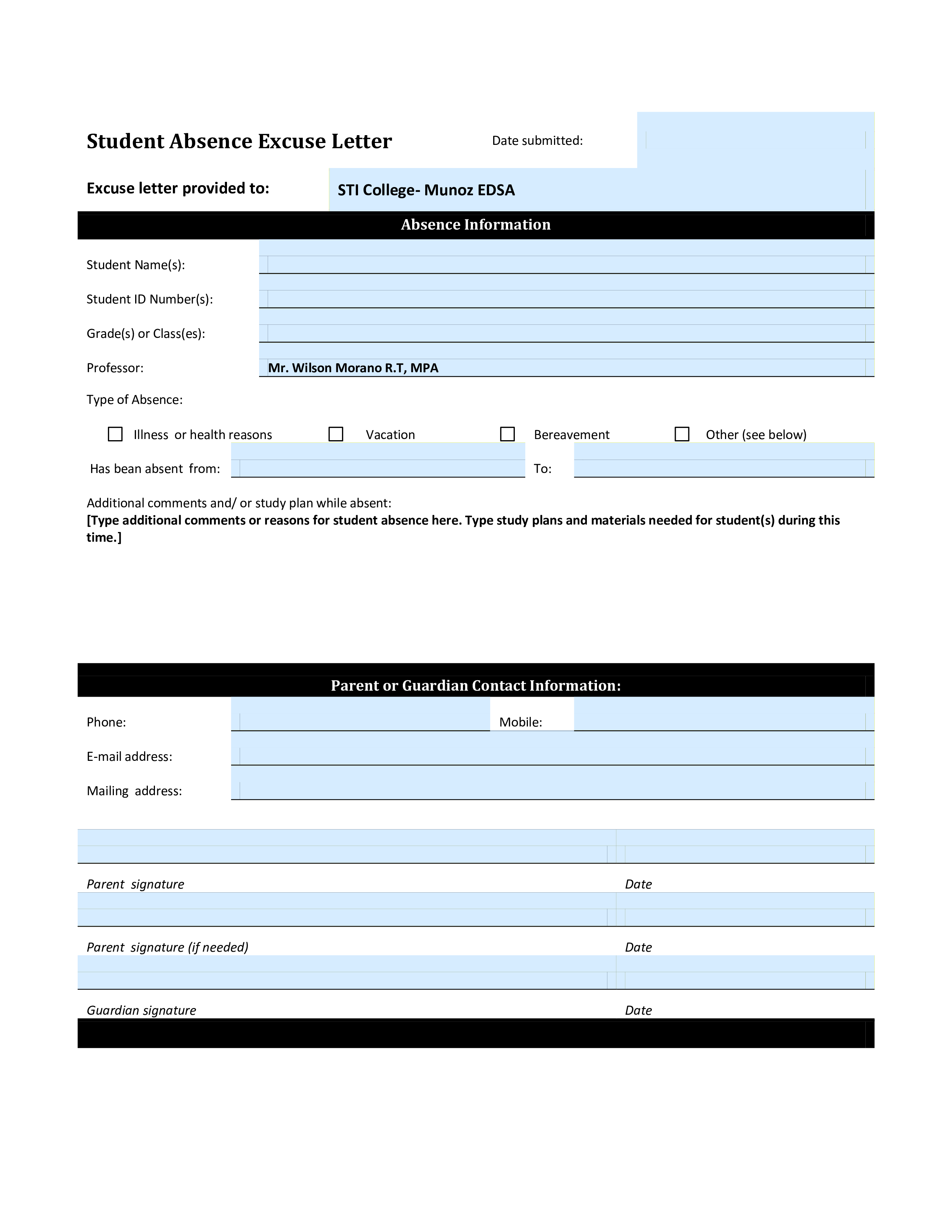 Formal Excuse Letter For Student 模板