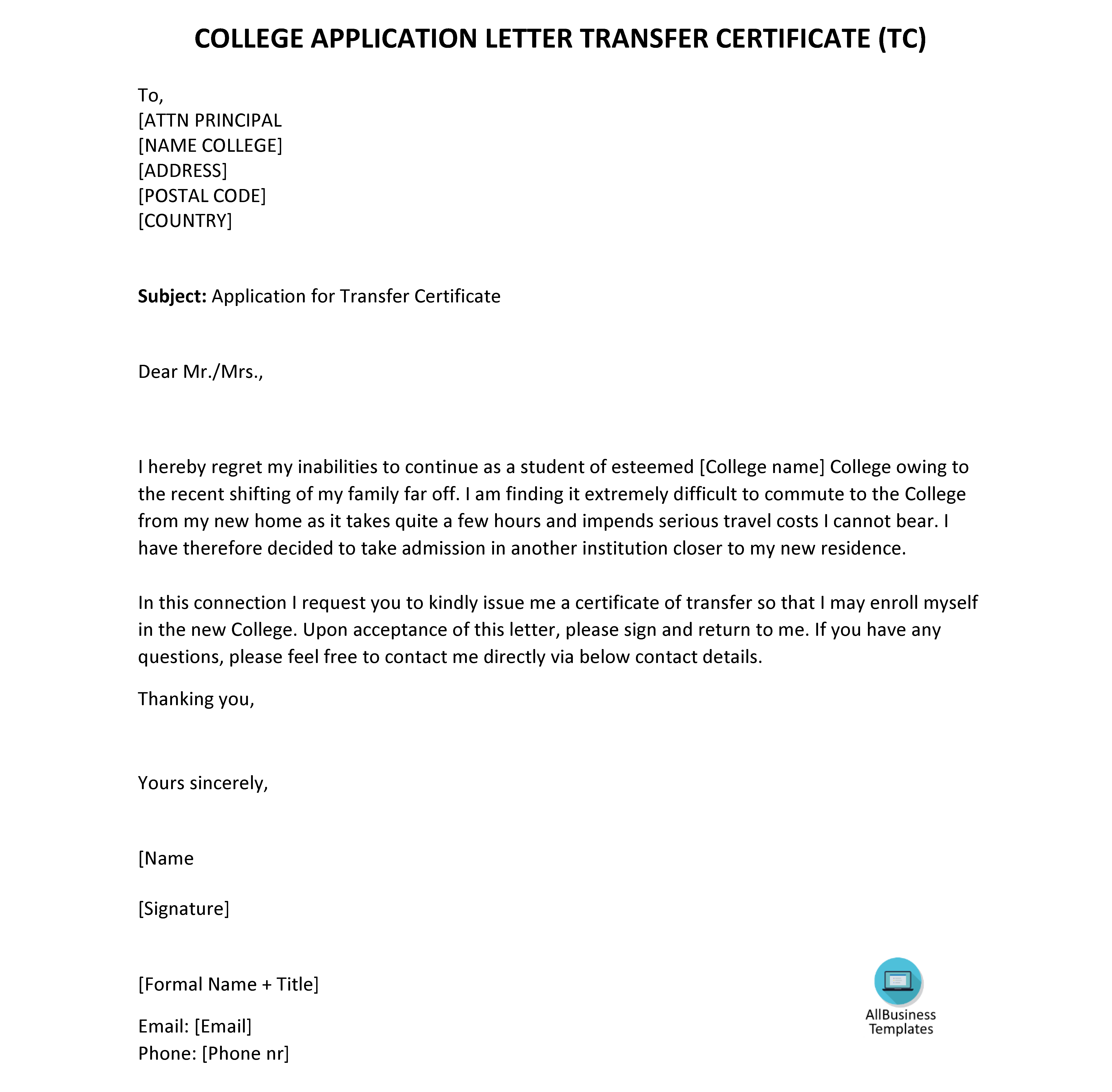 application letter college transfer certificate Hauptschablonenbild