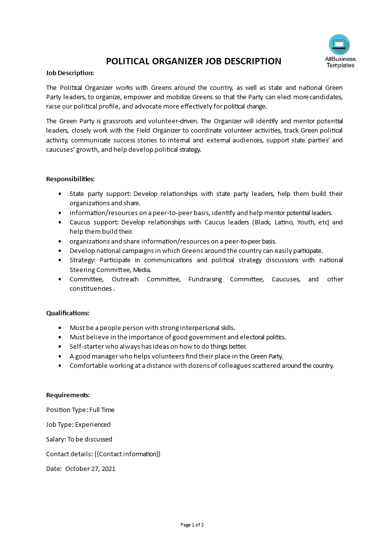 political organizer job description modèles