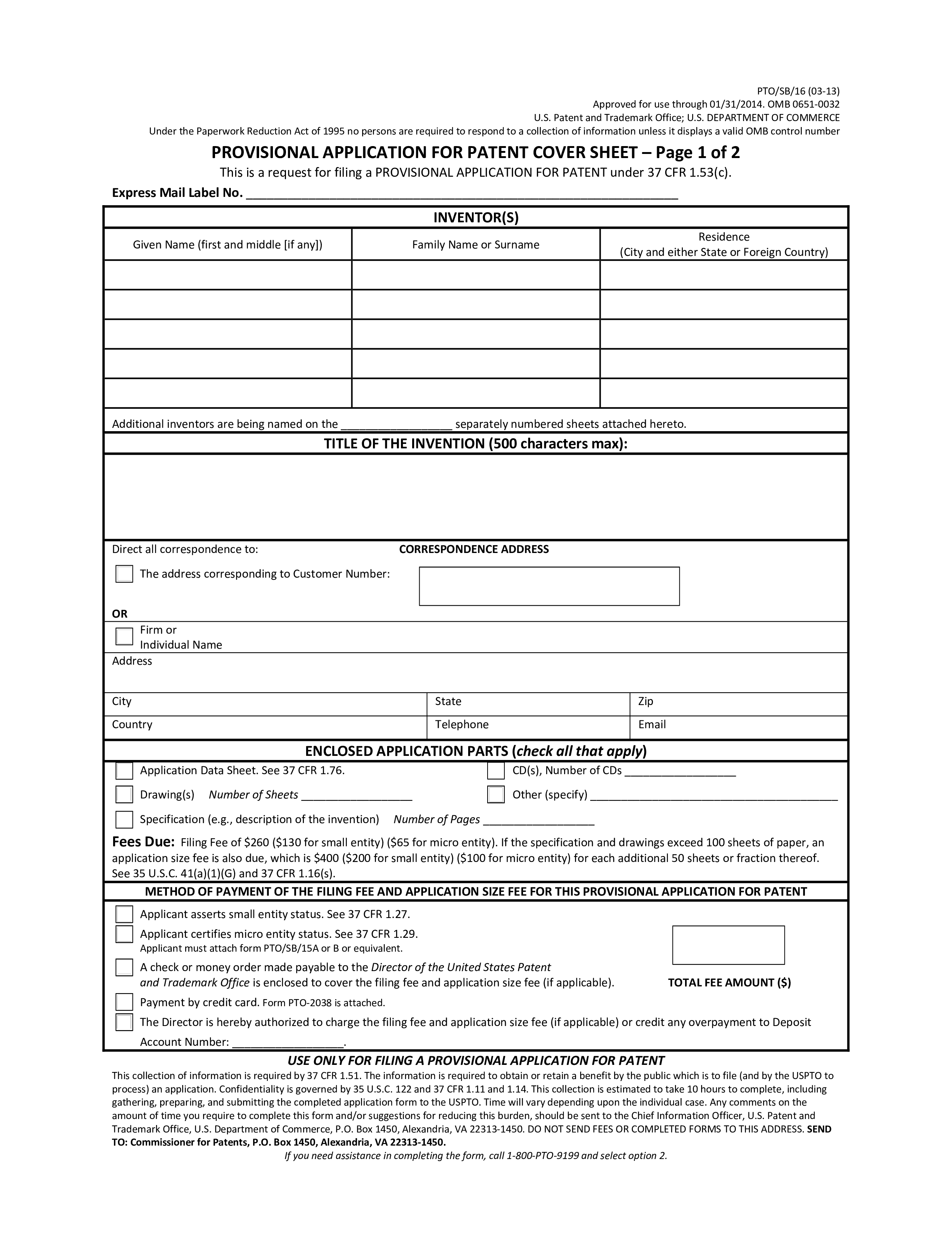 patent provisional application form Hauptschablonenbild