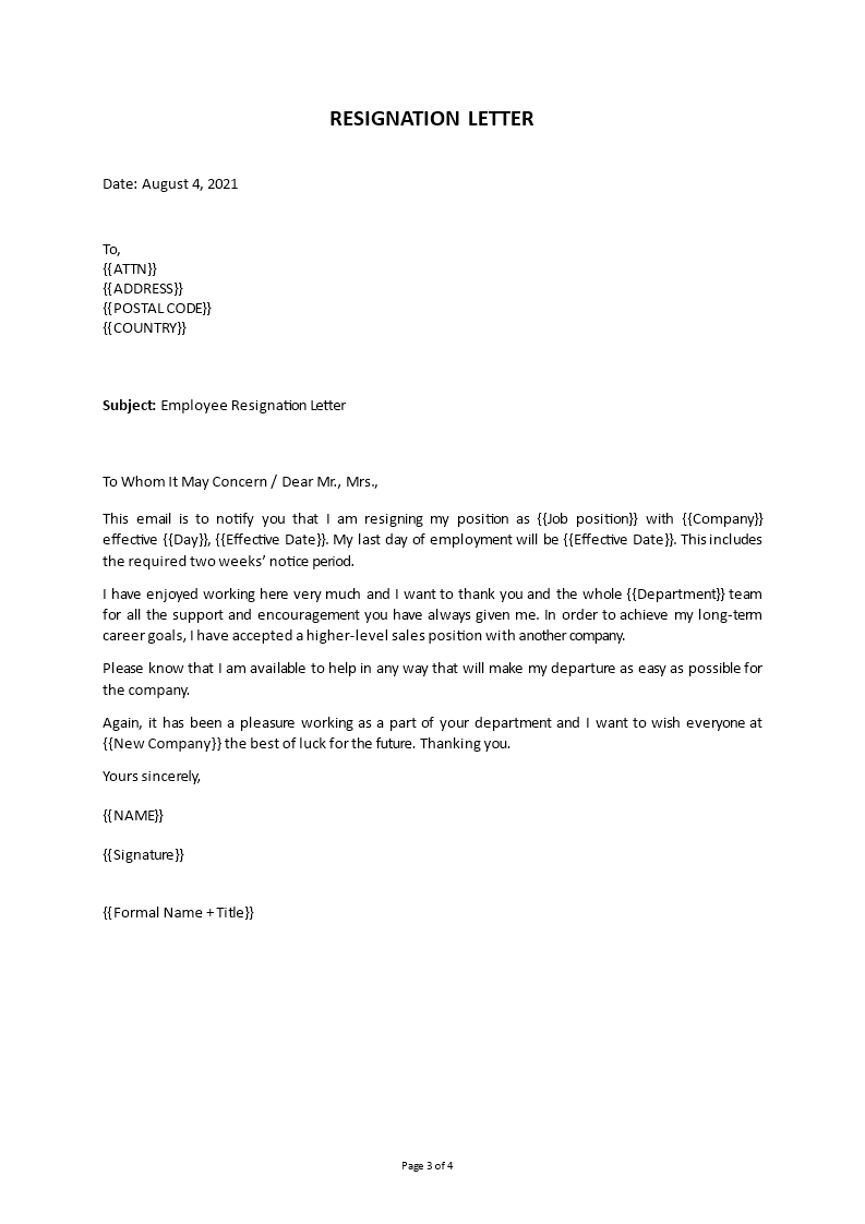 email job resignation letter template