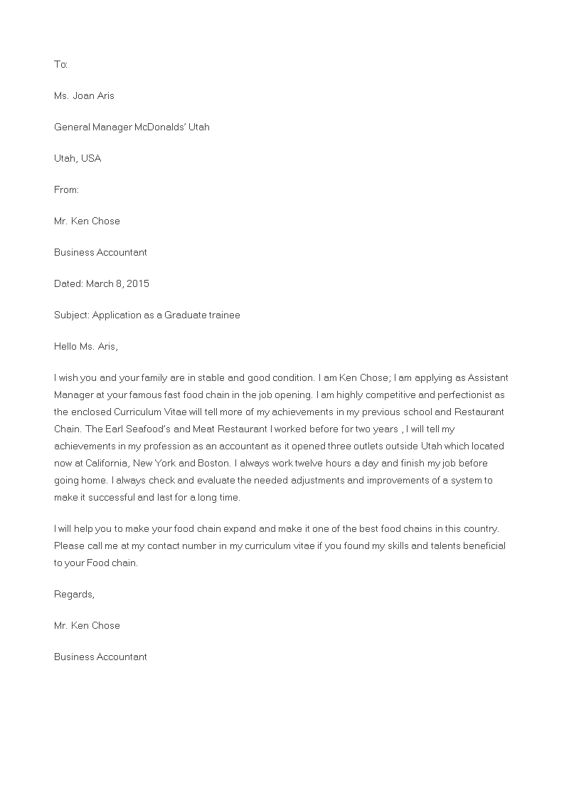 graduate trainee job application letter template