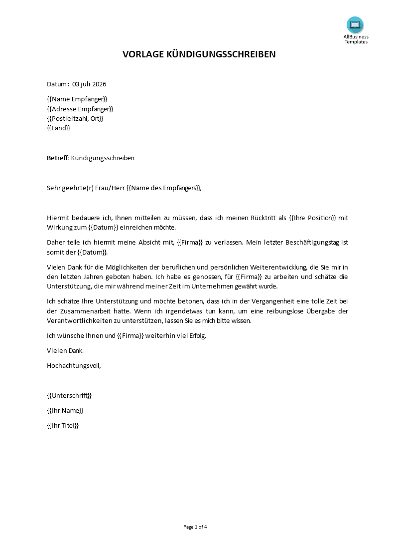 muster eines kündigungsschreibens plantilla imagen principal