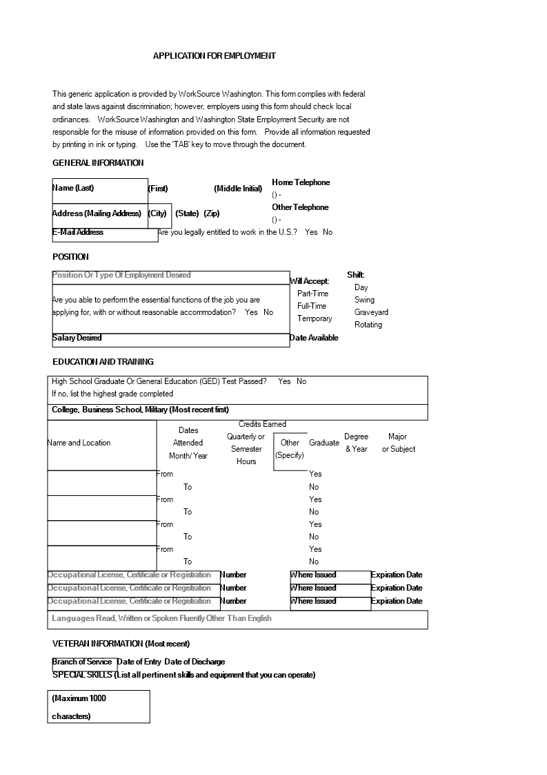 Kostenloses Application For Employment Word Format In Job Application Template Word Document