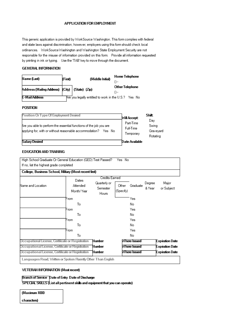 application for employment word format template