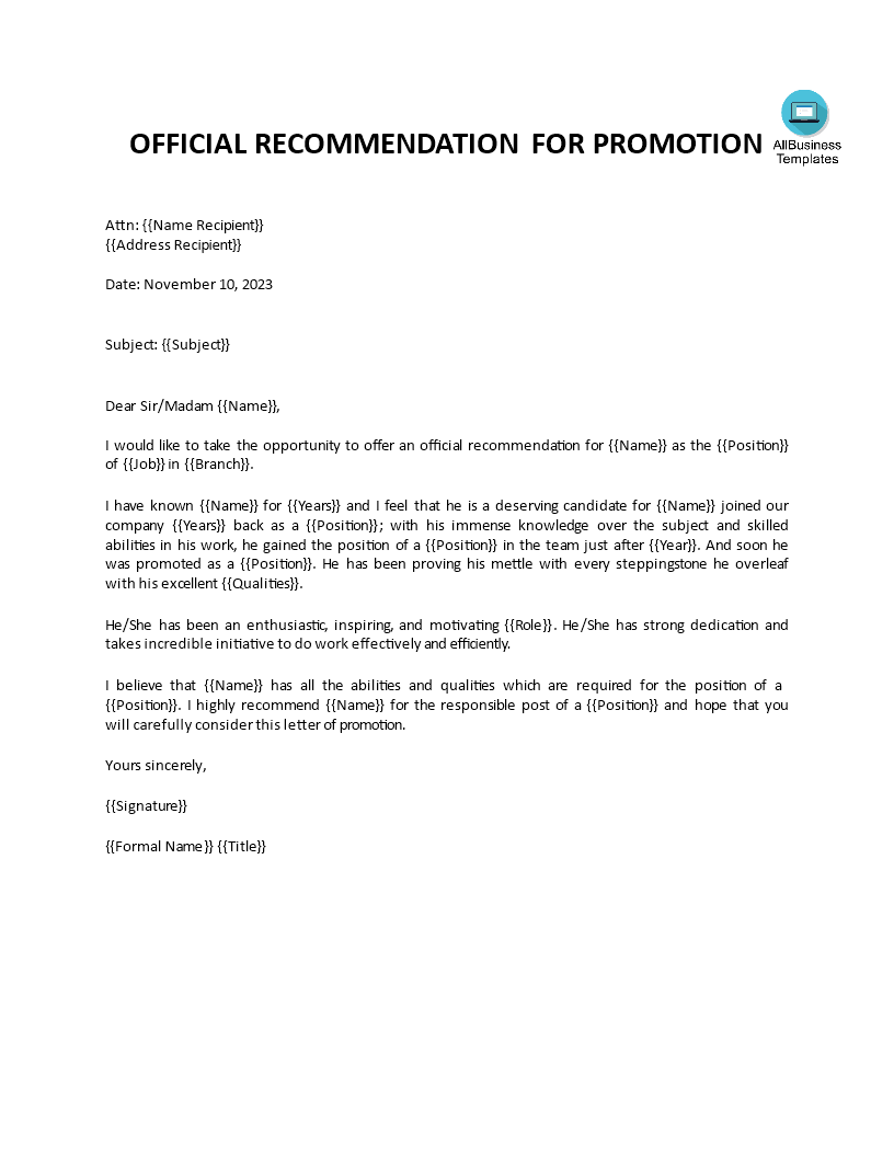 it promotion recommendation letter template