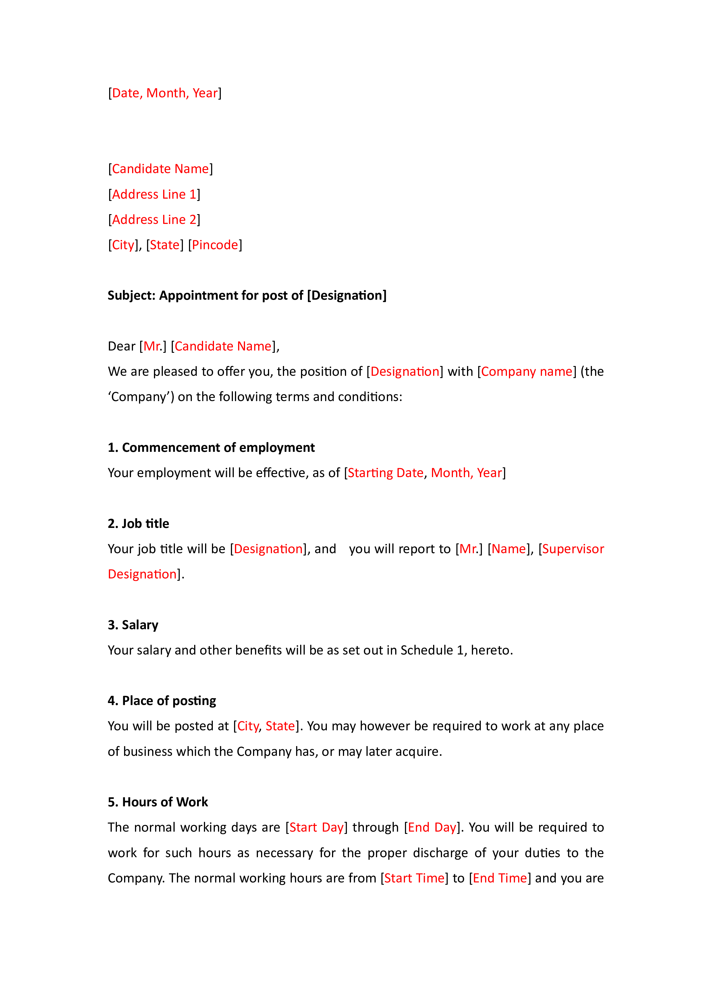 company appointment letter format template