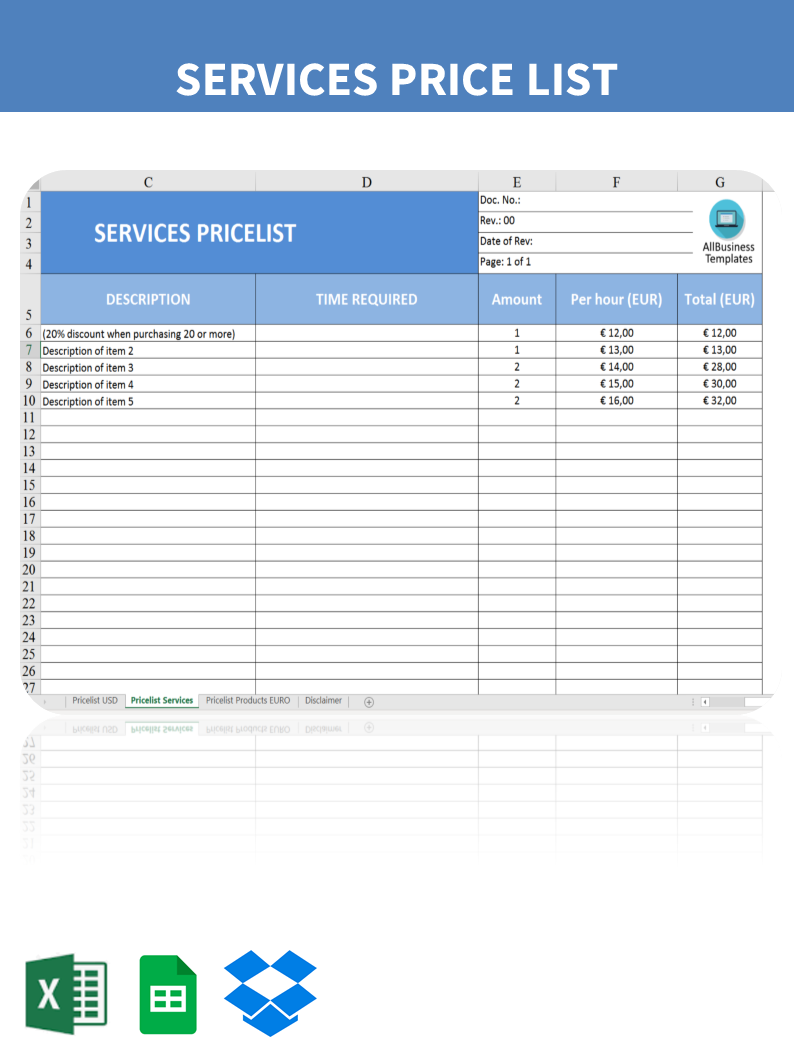 price list for services template template