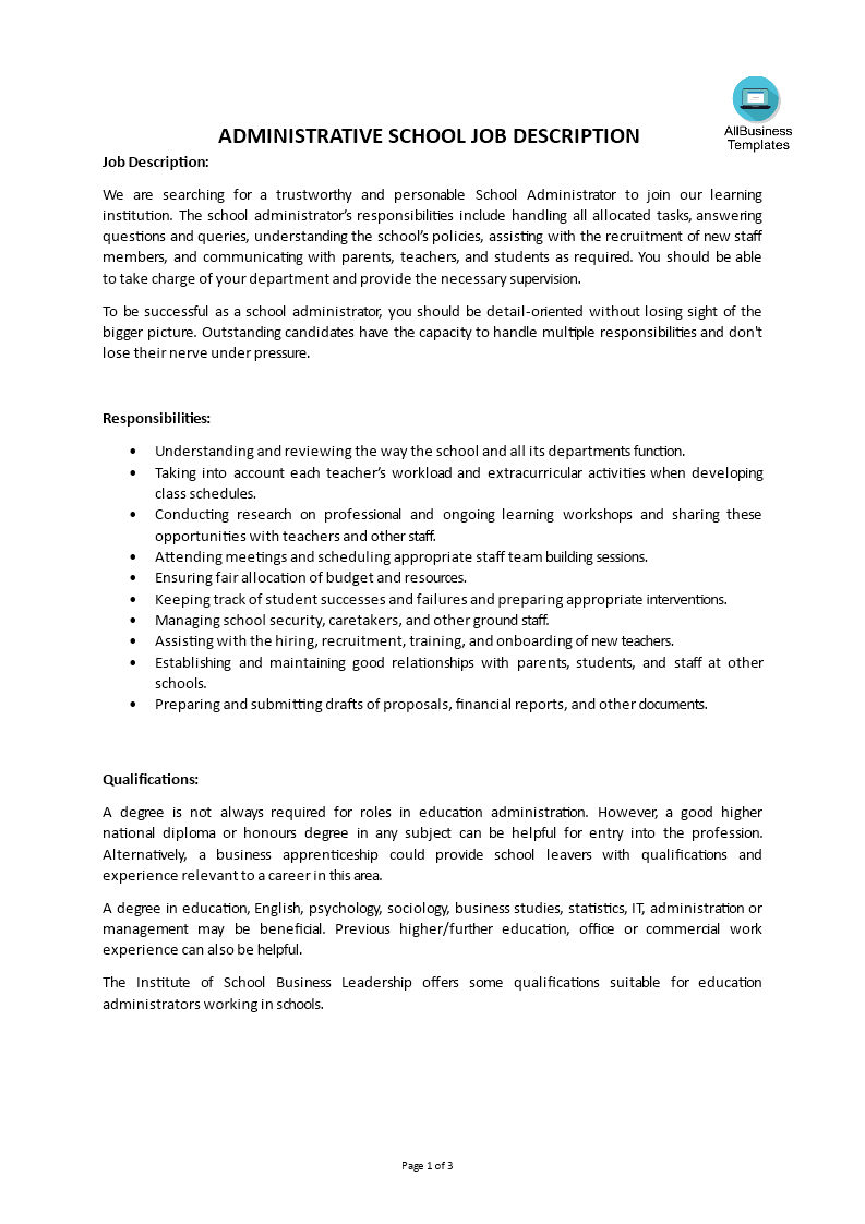 administrative school job description template