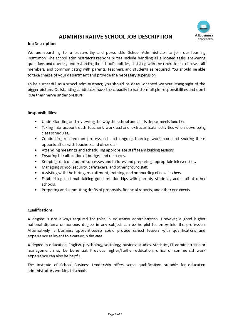 administrative school job description voorbeeld afbeelding 