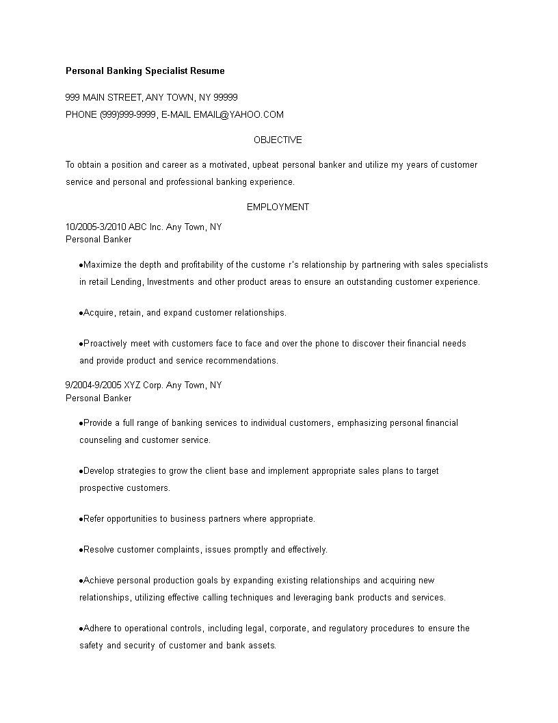 Personal Banking Specialist Resume 模板