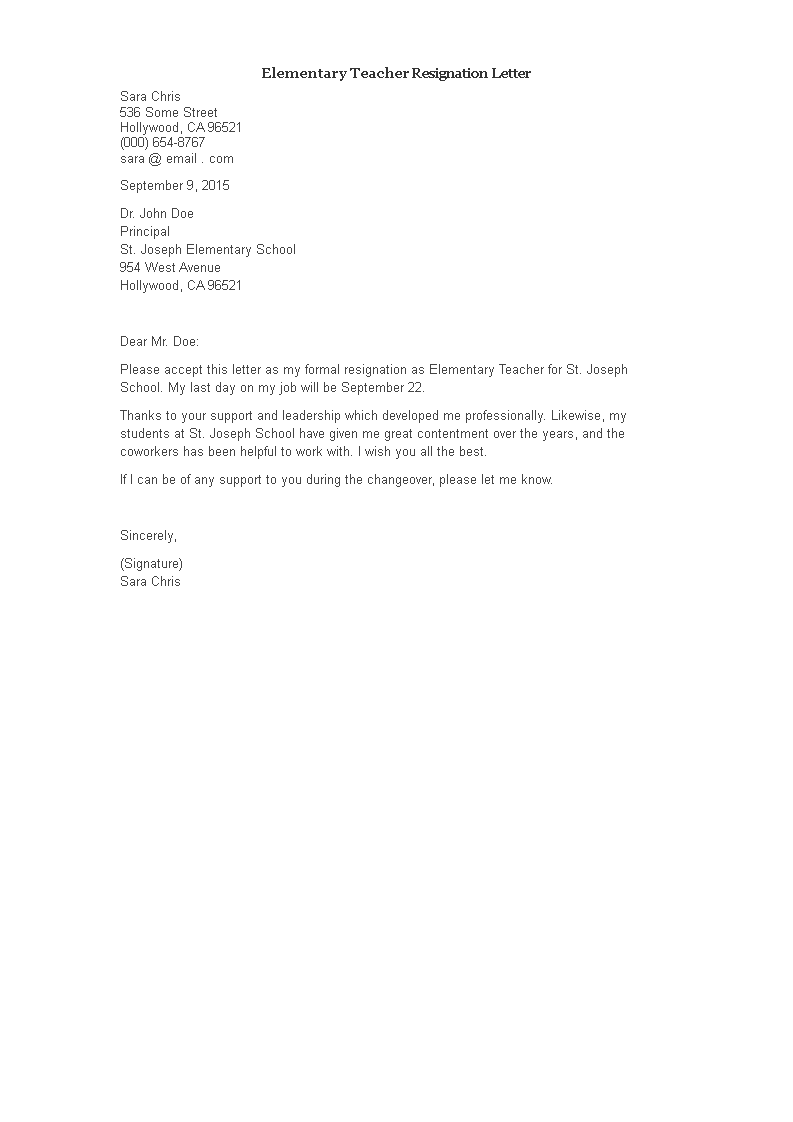 elementary teacher resignation letter voorbeeld afbeelding 