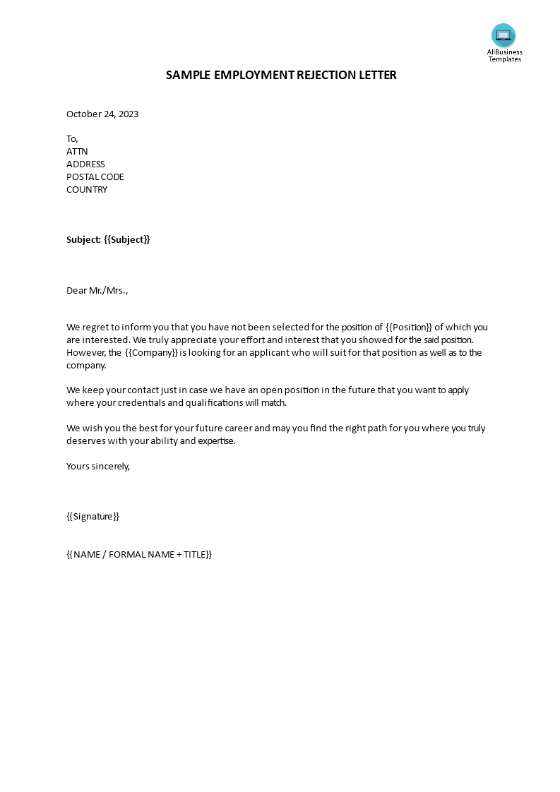 employment offer rejection letter Hauptschablonenbild