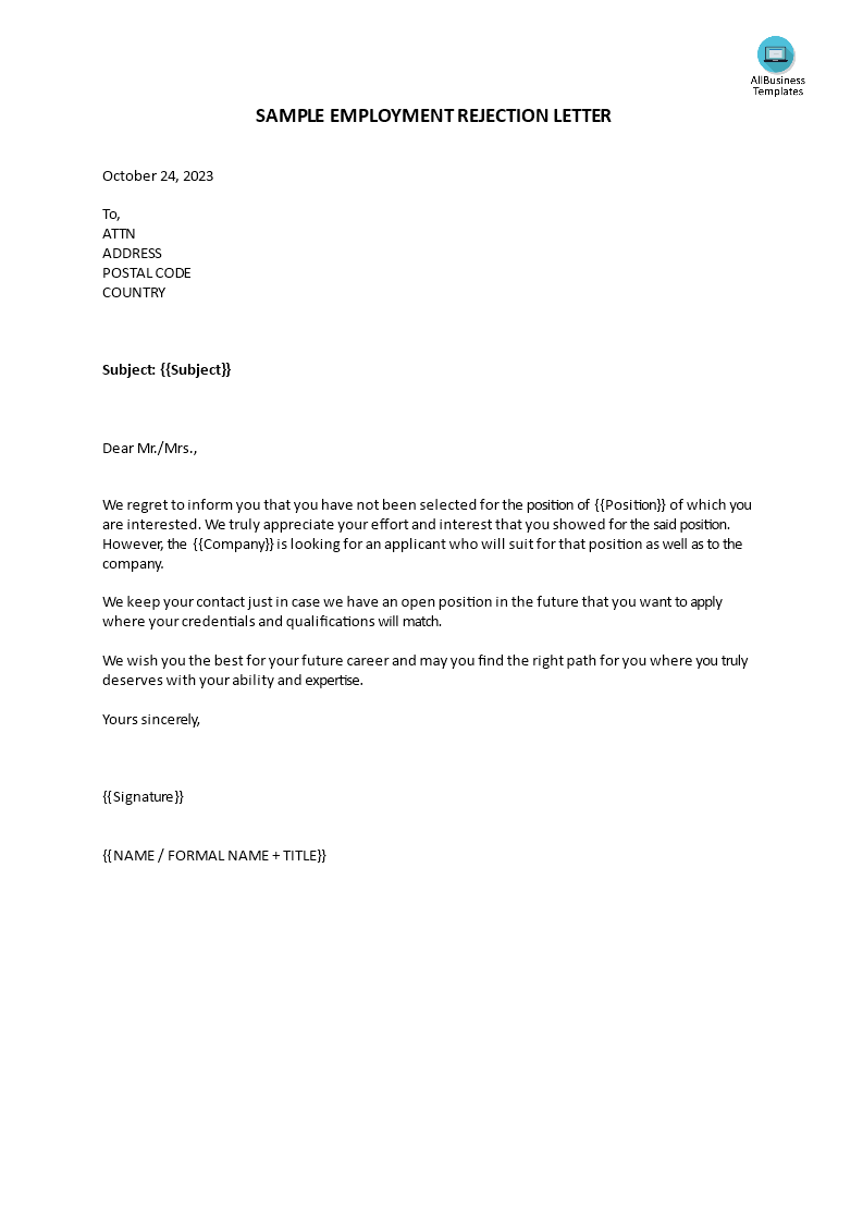 employment offer rejection letter template