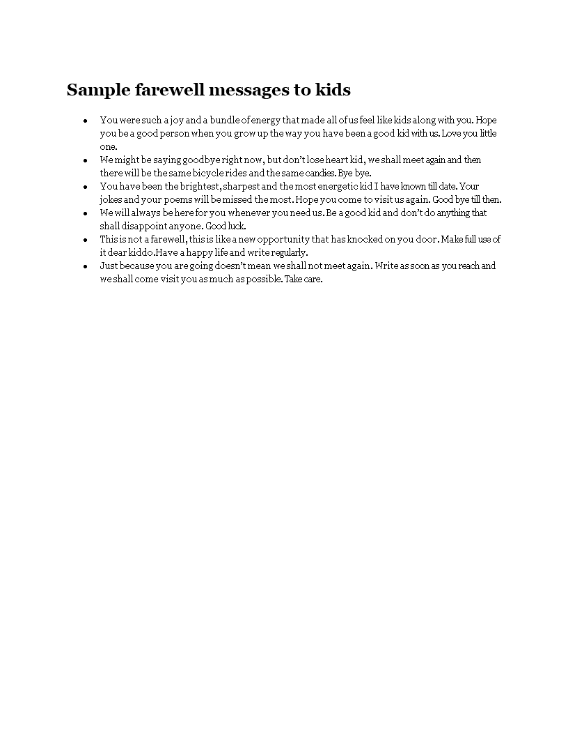 sample farewell messages to kids template