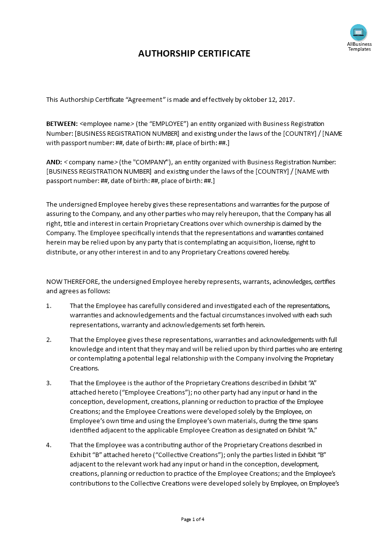 authorship certificate template