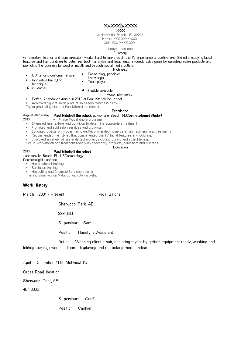 Cosmetology Student Resume 模板