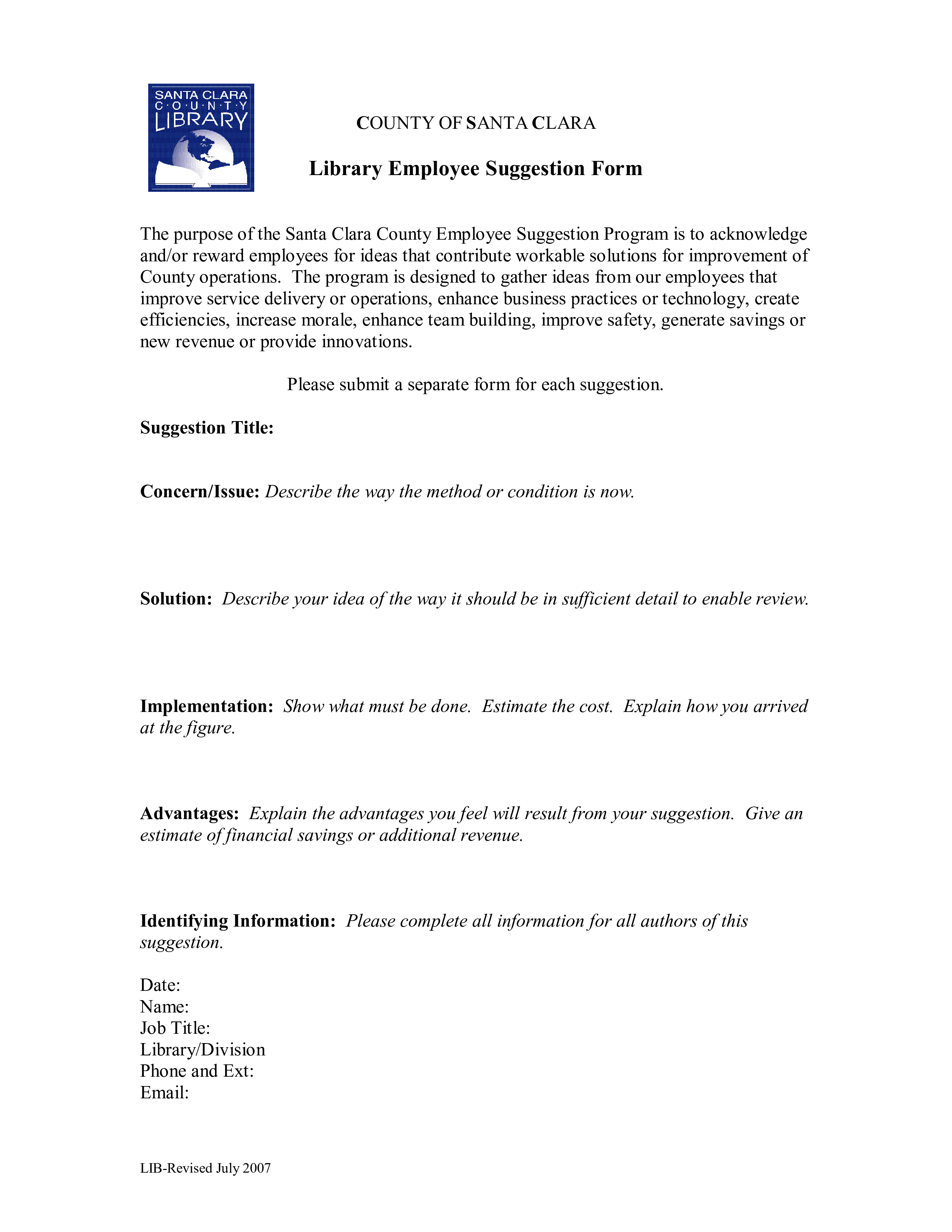 Library Employee Suggestion Form 模板