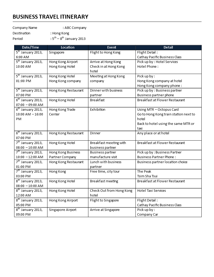 business itinerary template template