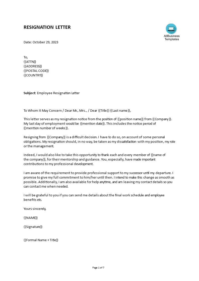 email resignation letter Hauptschablonenbild
