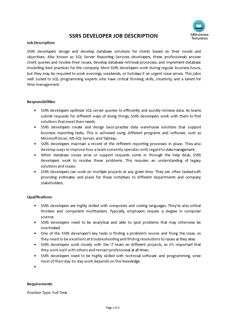 ssrs developer job description template