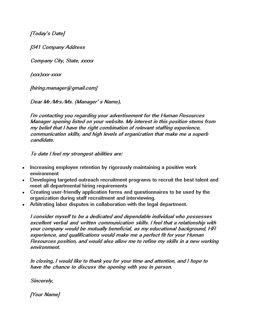 job application letter hr manager voorbeeld afbeelding 