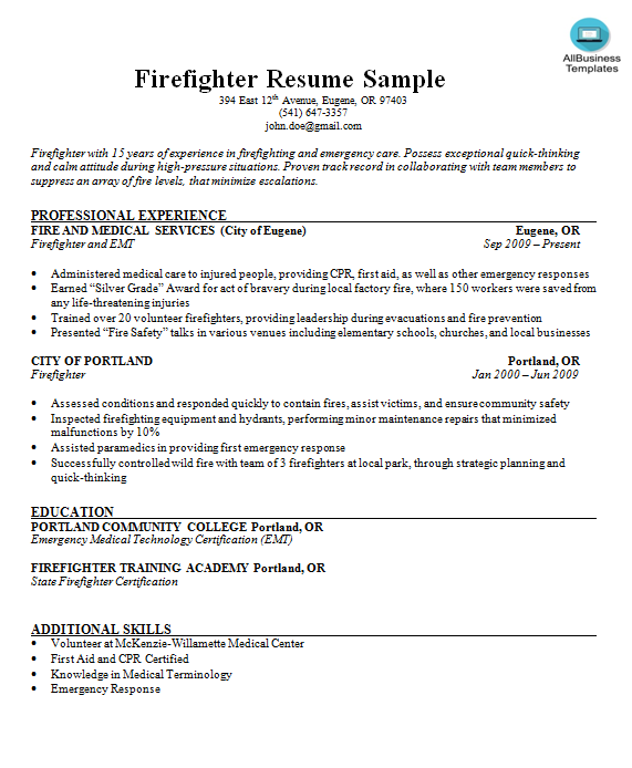 firefighter resume sample voorbeeld afbeelding 