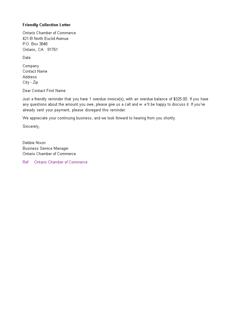 friendly collection letter overdue balance example template