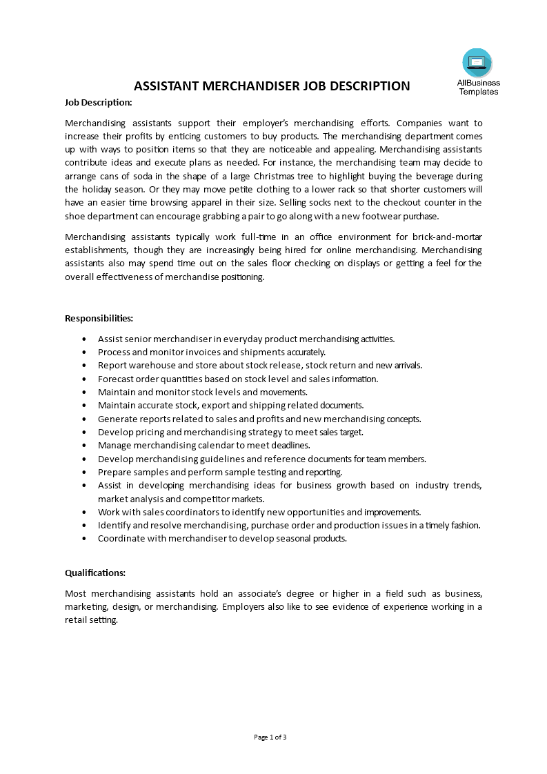 assistant merchandiser job description modèles