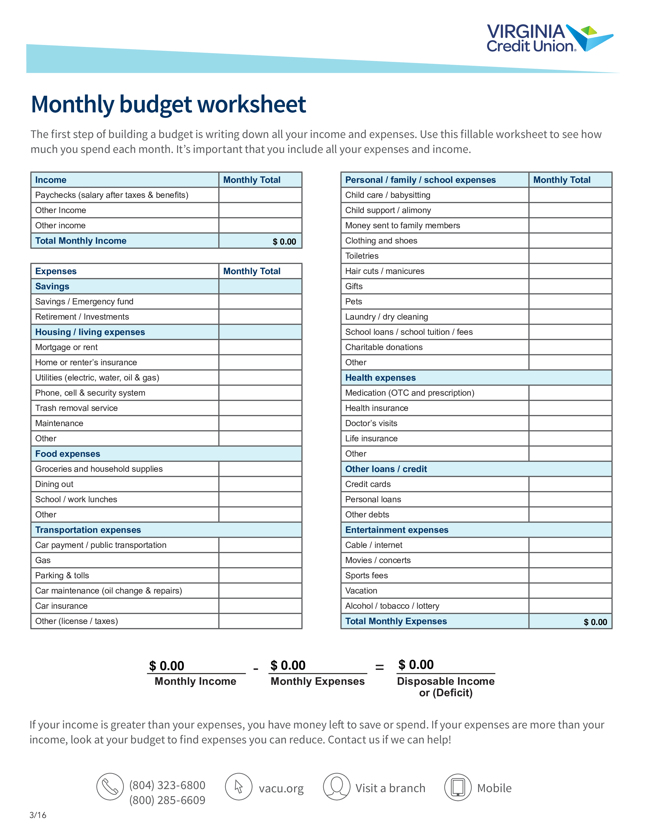 monthly budget work sheet template