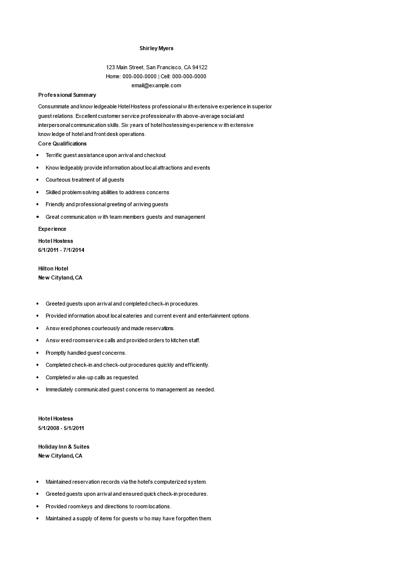 Hotel Hostess Resume main image