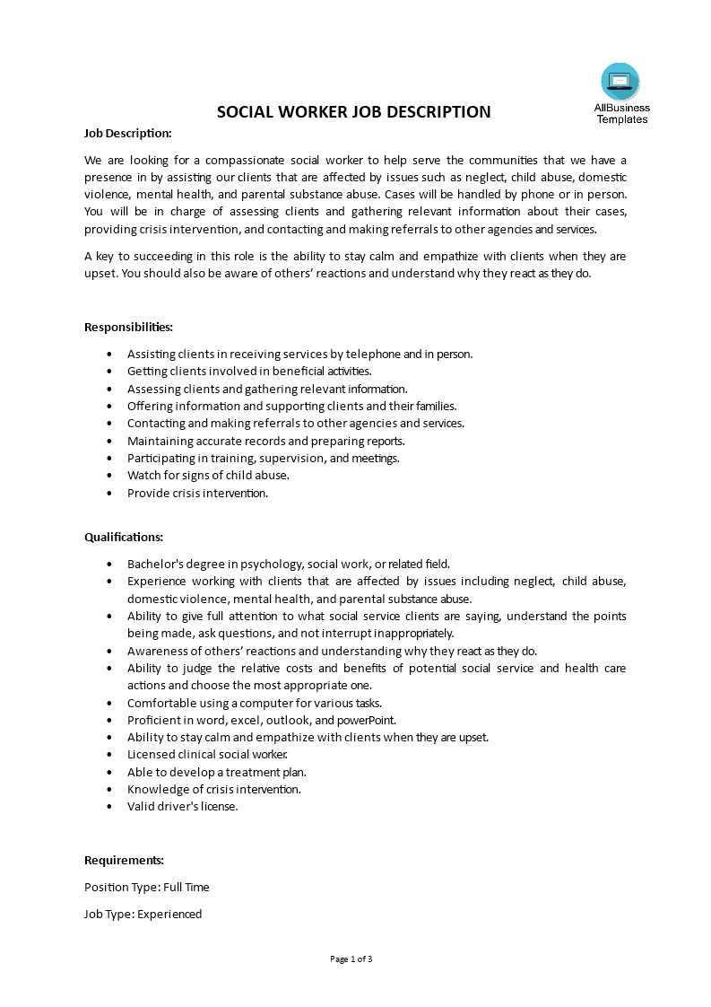 social work job description modèles