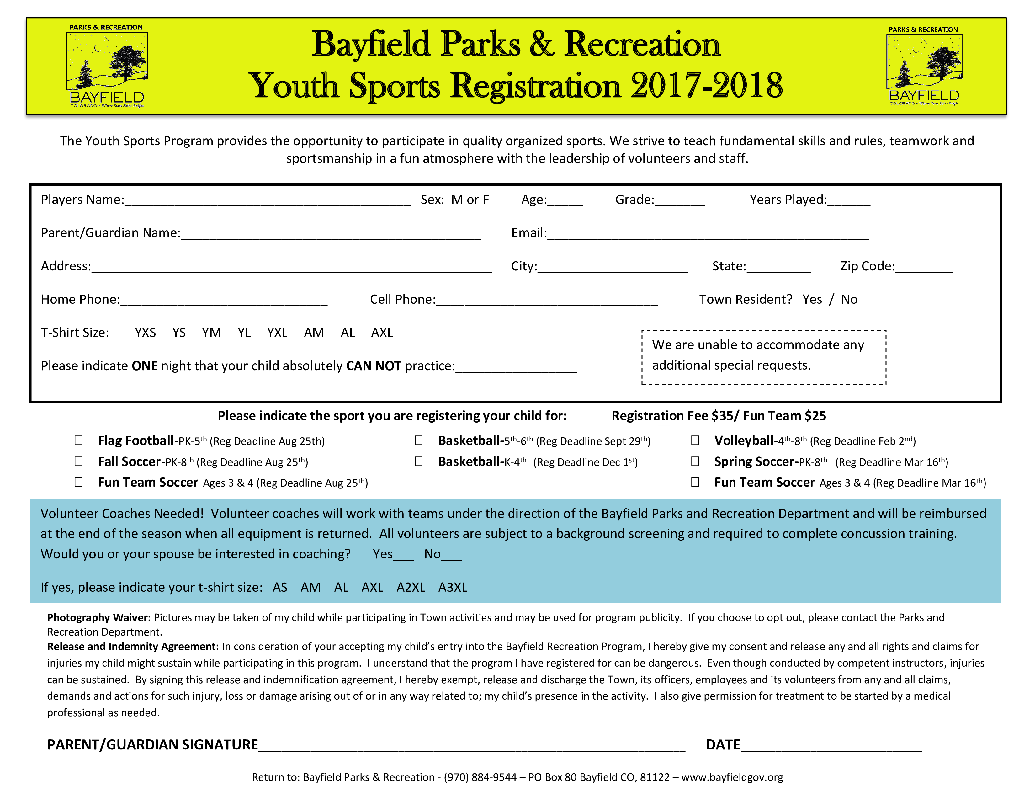 Youth Registration Form 2019 模板