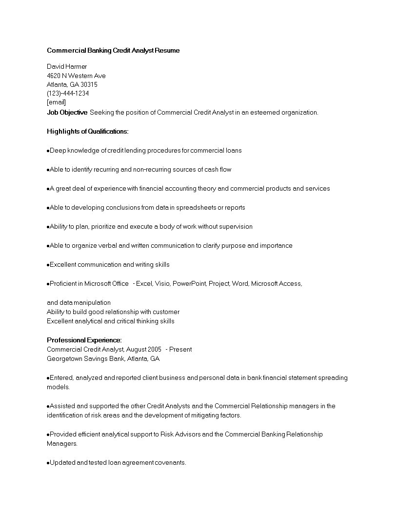 commercial banking credit analyst resume template