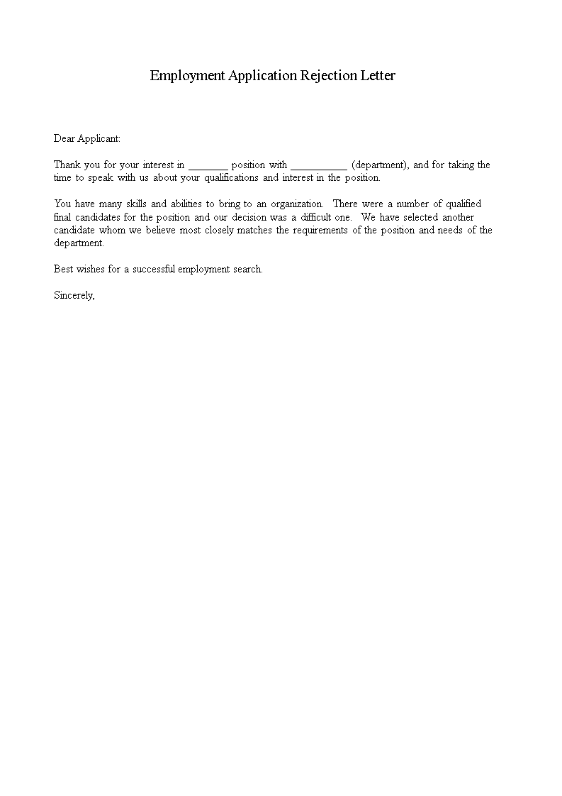 rejection letter for employment application template