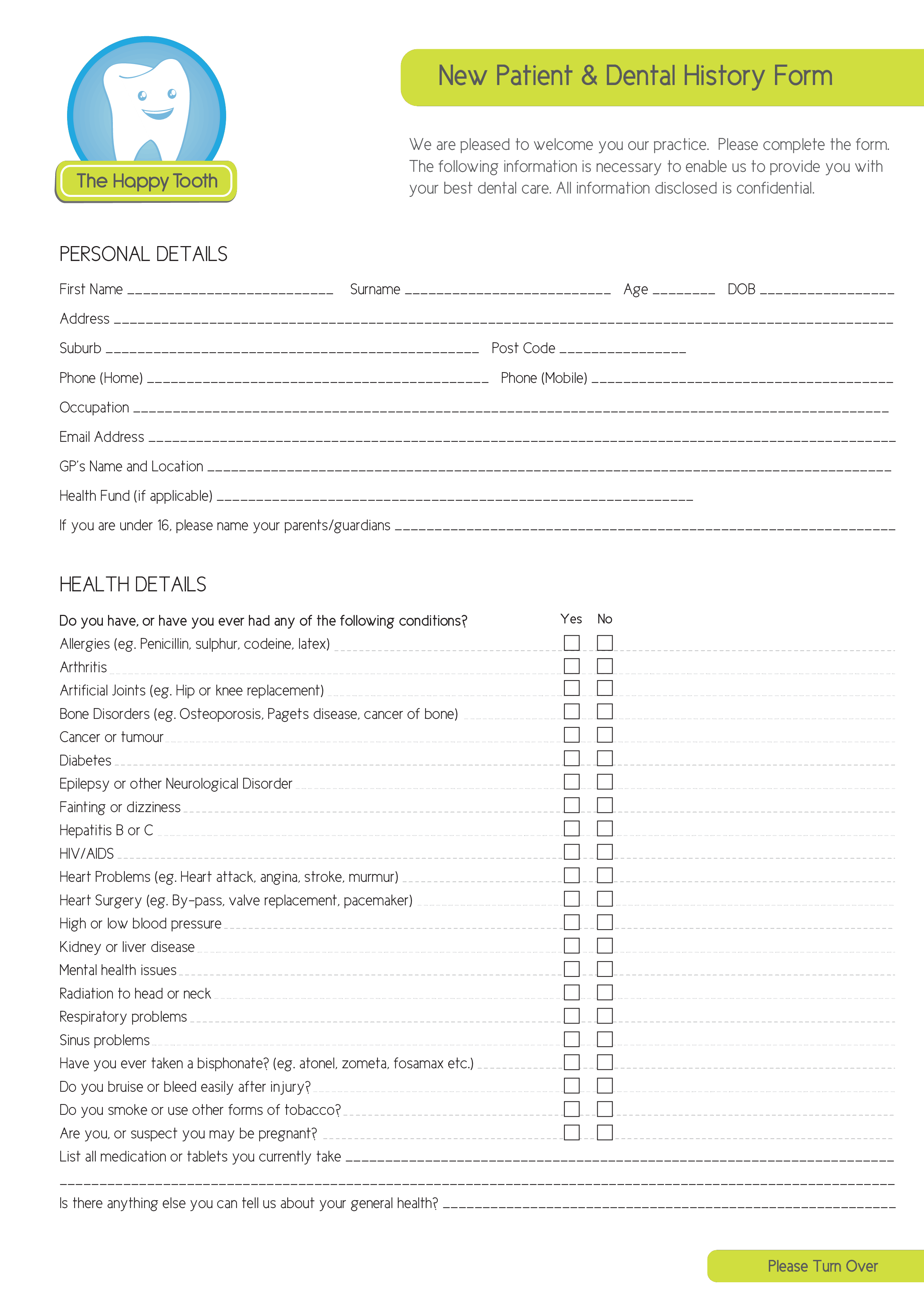 patient medical history form voorbeeld afbeelding 