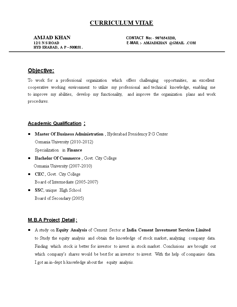 mba finance fresher resume modèles