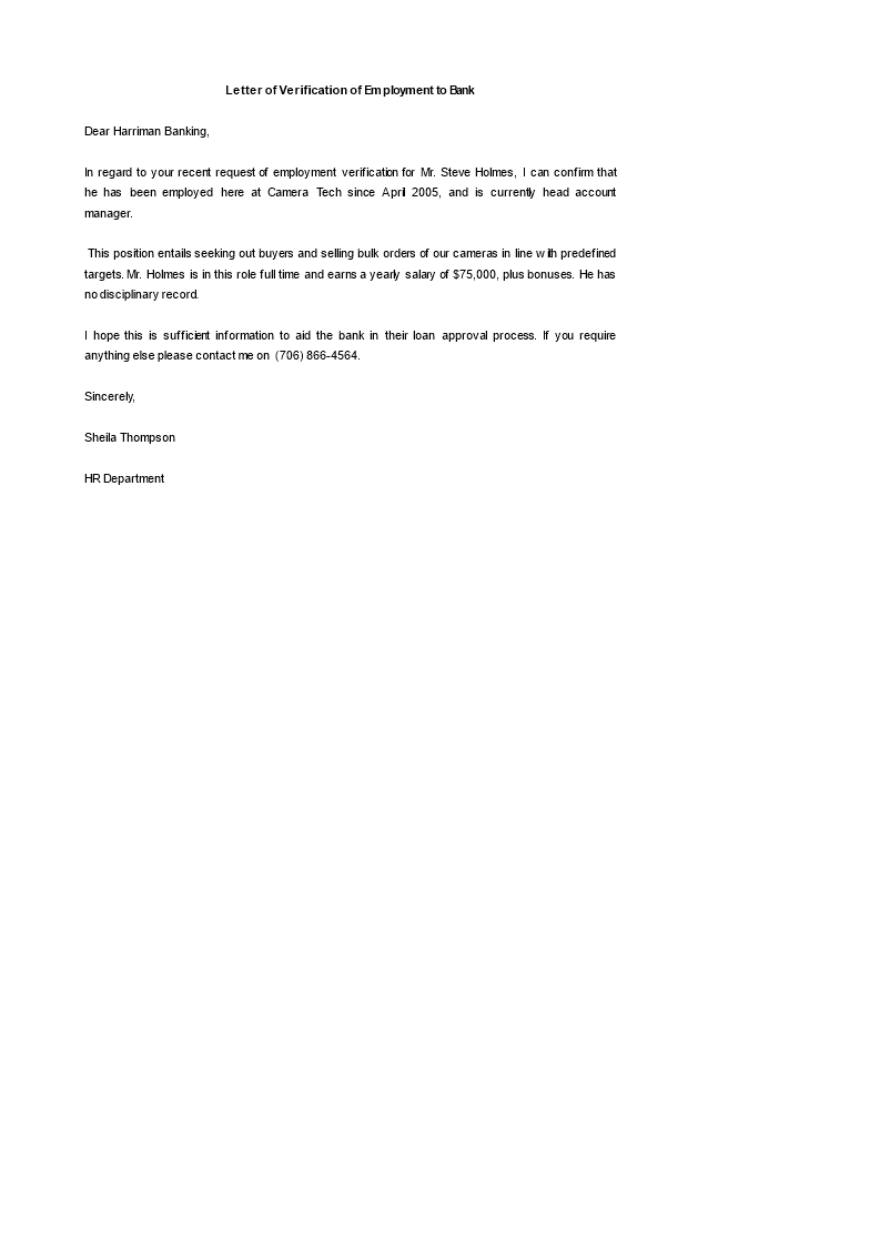 Letter of Employment Template for Bank sample main image