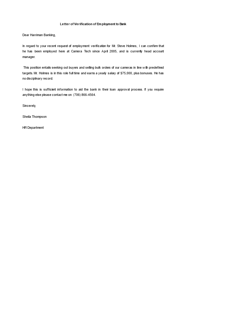 letter of employment template for bank sample template